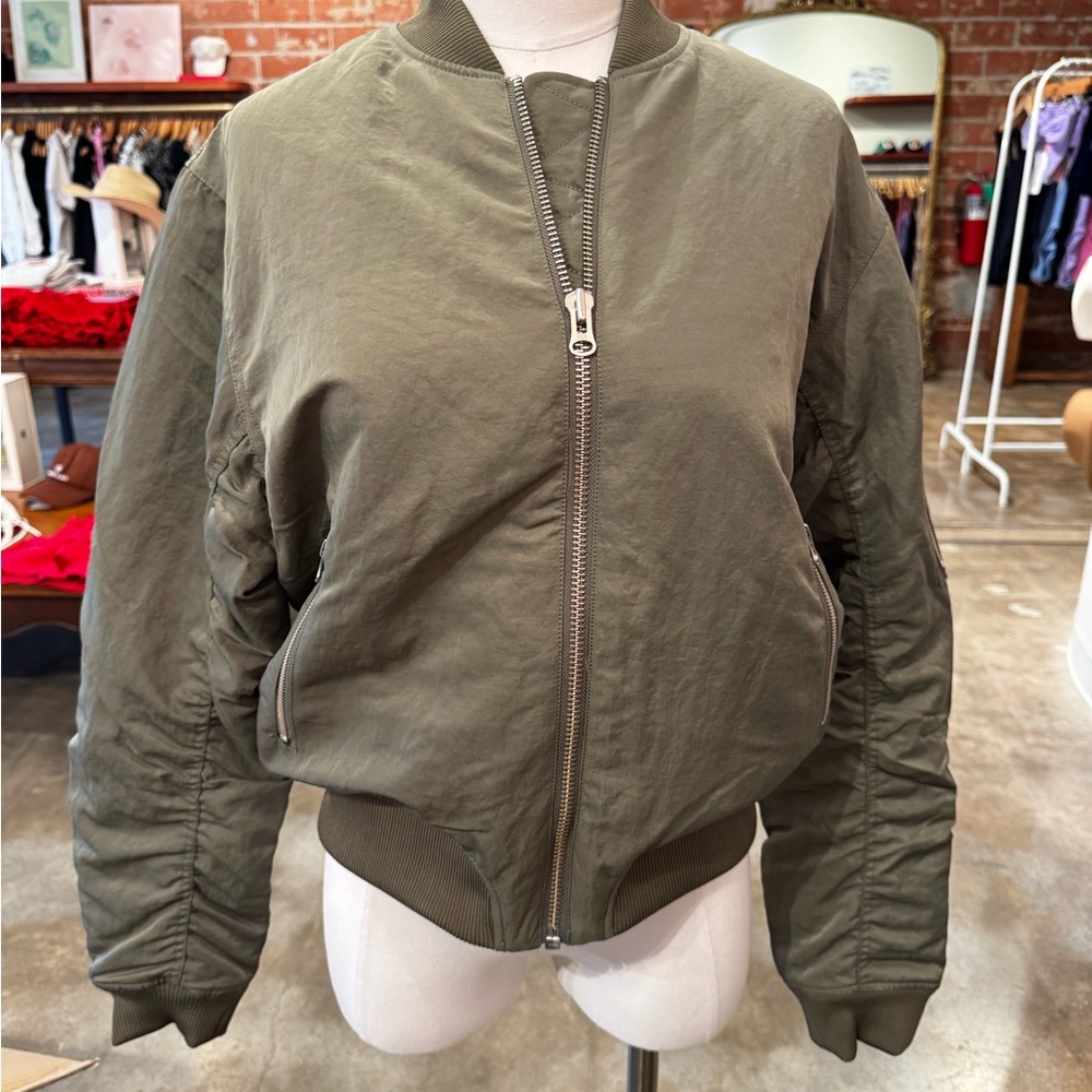 SAMSOE Green Bomber Jacket with Ribbed Collar